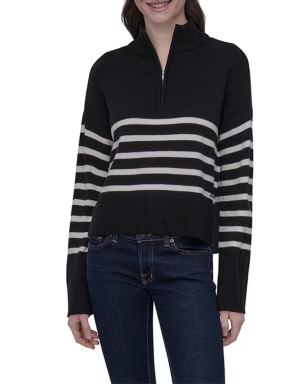 DKNY Quarter Zip Striped Sweater Black White Size L NWT
